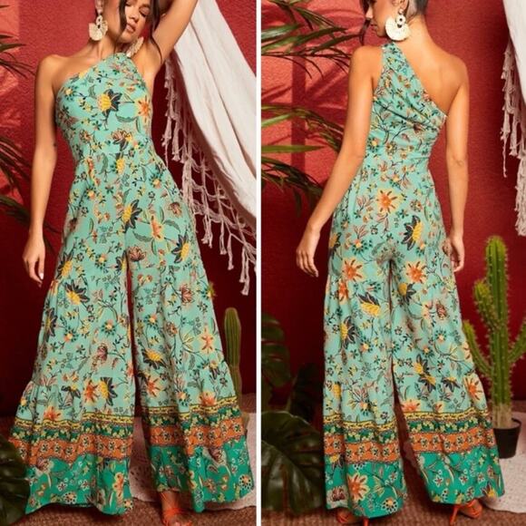 One Shoulder Turquoise floral Wide Leg Jumpsuit Size 6 Medium - Picture 1 of 8